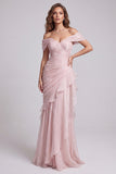Lichtroze gerimpelde zeemeermin off-the-shoulder formele jurk met ruches