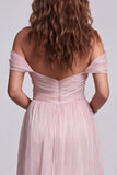 Lichtroze gerimpelde zeemeermin off-the-shoulder formele jurk met ruches