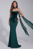 Donkergroene meermin-kralen, strapless korset formele jurk met halsdoek