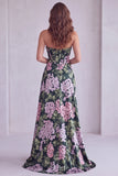Donkergroene, gebloemde strapless korset met gerimpelde A-lijn formele jurk met split
