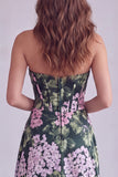 Donkergroene, gebloemde strapless korset met gerimpelde A-lijn formele jurk met split