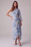Bloemige Dusty BLue Asymmetrische schede Geboude formele jurk met 3D-bloem