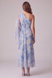 Bloemige Dusty BLue Asymmetrische schede Geboude formele jurk met 3D-bloem