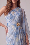 Bloemige Dusty BLue Asymmetrische schede Geboude formele jurk met 3D-bloem