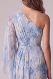 Bloemige Dusty BLue Asymmetrische schede Geboude formele jurk met 3D-bloem