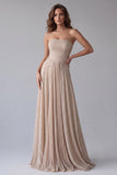 Champagne strapless A-lijn gerimpelde lange formele jurk