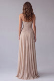 Champagne strapless A-lijn gerimpelde lange formele jurk