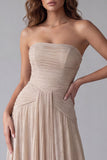 Champagne strapless A-lijn gerimpelde lange formele jurk