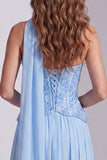 Hemelsblauwe, strapless pailletten A-lijn formele jurk met halsdoek