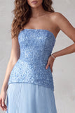 Blauwe A-lijn strapless 3D bloemenzoom geplooide formele jurk met strassstenen