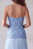 Blauwe A-lijn strapless 3D bloemenzoom geplooide formele jurk met strassstenen