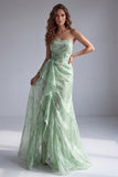 Groene strapless gerimpelde bloemenzeemeermin formele jurk met ruches