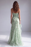 Groene strapless gerimpelde bloemenzeemeermin formele jurk met ruches