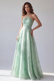 Groene halter bloemen A-lijn organza lange formele jurk