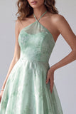 Groene halter bloemen A-lijn organza lange formele jurk