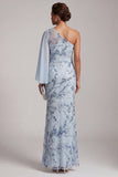 Hemelsblauwe zeemeermin Eén schouderpailletten Bloemenlange Moeder van de Bruid jurk