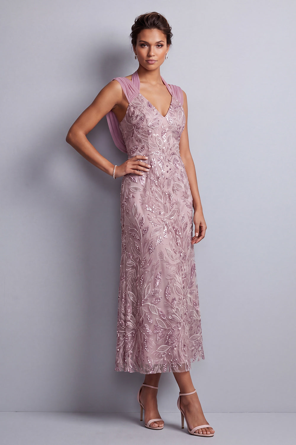Vintage Mauve halter hals schede pailletten met bloemen lange moeder van de bruid jurk