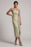 Stoffige salie strapless bodycon gerimpelde pailletten bloemenjurk moeder van de bruid met sjerp