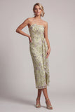 Stoffige salie strapless bodycon gerimpelde pailletten bloemenjurk moeder van de bruid met sjerp