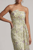 Stoffige salie strapless bodycon gerimpelde pailletten bloemenjurk moeder van de bruid met sjerp