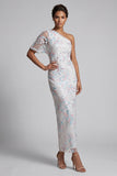Witte bloemenpailletten bodycon Eén schouderlange Mother of the Bride jurk