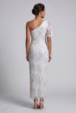 Witte bloemenpailletten bodycon Eén schouderlange Mother of the Bride jurk