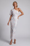 Witte bloemenpailletten bodycon Eén schouderlange Mother of the Bride jurk