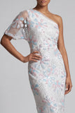 Witte bloemenpailletten bodycon Eén schouderlange Mother of the Bride jurk
