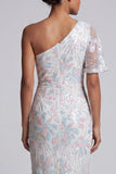 Witte bloemenpailletten bodycon Eén schouderlange Mother of the Bride jurk