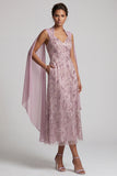 Misthals met pailletten A-lijn bloemen midi jurk Mother of the Bride met cape mouwen