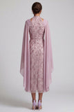 Misthals met pailletten A-lijn bloemen midi jurk Mother of the Bride met cape mouwen