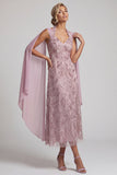 Misthals met pailletten A-lijn bloemen midi jurk Mother of the Bride met cape mouwen