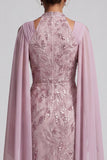 Misthals met pailletten A-lijn bloemen midi jurk Mother of the Bride met cape mouwen