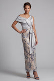 Zilveren bodycon pailletten met bloemen die één schouder lang zijn Mother of the Bride jurk met split