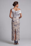 Zilveren bodycon pailletten met bloemen die één schouder lang zijn Mother of the Bride jurk met split