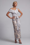 Zilveren bodycon pailletten met bloemen die één schouder lang zijn Mother of the Bride jurk met split