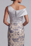 Zilveren bodycon pailletten met bloemen die één schouder lang zijn Mother of the Bride jurk met split