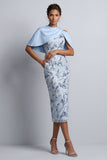 Hemelsblauwe bloemen bodycon pailletten midi moeder van de bruid jurk met zakken