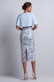 Hemelsblauwe bloemen bodycon pailletten midi moeder van de bruid jurk met zakken