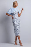 Hemelsblauwe bloemen bodycon pailletten midi moeder van de bruid jurk met zakken