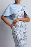 Hemelsblauwe bloemen bodycon pailletten midi moeder van de bruid jurk met zakken