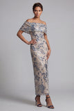 Marineblauw off-the-shoulder bodycon pailletten Bloemenjurk met lange moeder van de bruid jurk met split