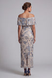 Marineblauw off-the-shoulder bodycon pailletten Bloemenjurk met lange moeder van de bruid jurk met split