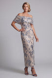 Marineblauw off-the-shoulder bodycon pailletten Bloemenjurk met lange moeder van de bruid jurk met split
