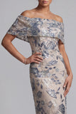 Marineblauw off-the-shoulder bodycon pailletten Bloemenjurk met lange moeder van de bruid jurk met split