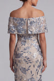 Marineblauw off-the-shoulder bodycon pailletten Bloemenjurk met lange moeder van de bruid jurk met split