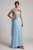 Strapless hemelsblauwe doorschijnende korsetpailletten A-lijn chiffon lange moeder van de bruid jurk
