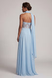 Strapless hemelsblauwe doorschijnende korsetpailletten A-lijn chiffon lange moeder van de bruid jurk