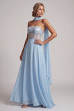Strapless hemelsblauwe doorschijnende korsetpailletten A-lijn chiffon lange moeder van de bruid jurk