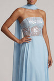 Strapless hemelsblauwe doorschijnende korsetpailletten A-lijn chiffon lange moeder van de bruid jurk